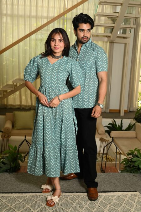 Couple Matching Green Cotton Anarkali Midi Dress and Shirt Set ? Arrow Print