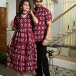 Couple Matching Maroon Cotton Printed Anarkali Midi Dress & Shirt Set ? Casual & Festive Wear